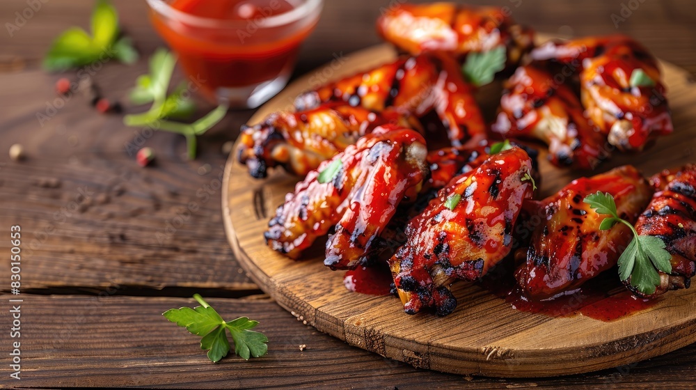 Grilled Chicken Wings with Spicy Sauce on a Wooden Table Grilled Chicken Wings with Spicy Sauce on a Wooden Table