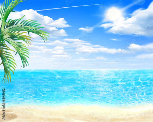 clip art of beautiful frame of blue sky, palm tree and sea with sandy beach and blurred clouds in summer.