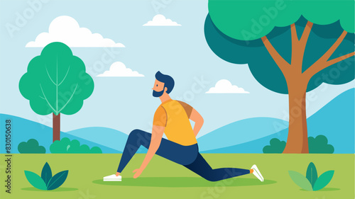 In the park a man takes a break from his morning jog to pause stretch and meditate under a tree.. Vector illustration