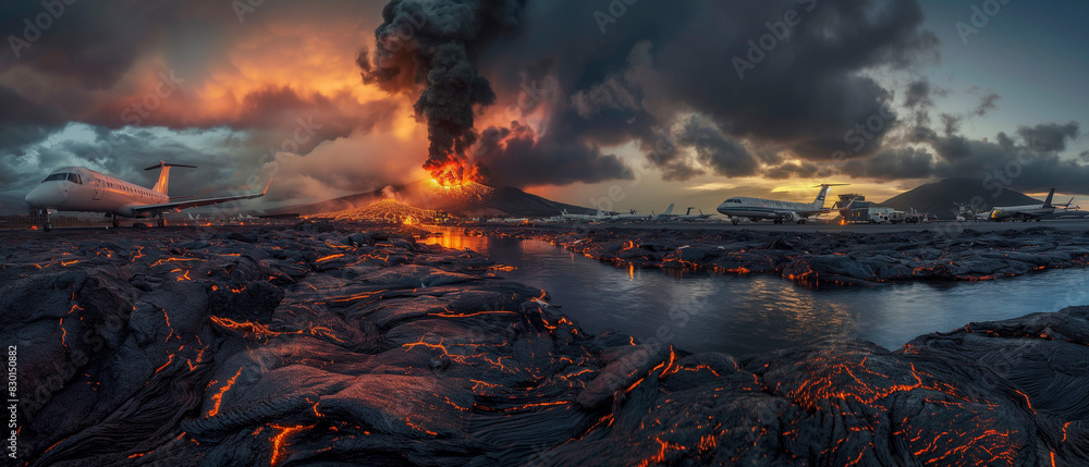 AI Image Generator of Volcanic eruption, smoke and lava flowing near an airport where many planes are parked. AI Image Generator of Volcanic eruption, smoke and lava flowing near an airport where many planes are parked.