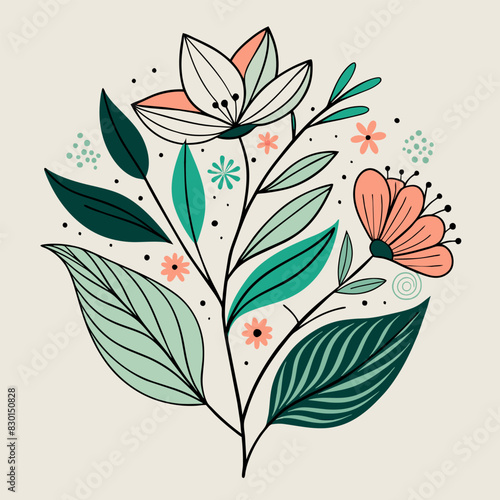 Flowers and leaves in minimalist style: vector illustration in line art for modern design.