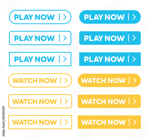 Play Now and Watch Now Buttons simple outline style vector. Action Web button with arrow symbol