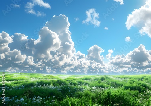 Green field with white flowers and blue sky