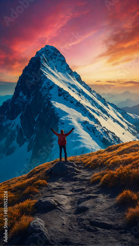 A lone person stands on top of a big mountain with hands towards the sky as to celebrate their achievement