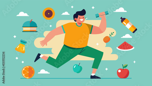 A man constantly trying out different diet and exercise plans always chasing the next fad in pursuit of the perfect body.. Vector illustration