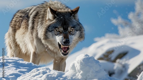 innocent gray wolf with its mouth open snow at morning.