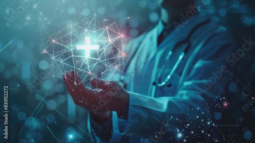 Healthcare and medical. Doctor holding health symbol, cross. Digital healthcare and medical diagnosis of patient with network connection on modern interface. Medical research and development.