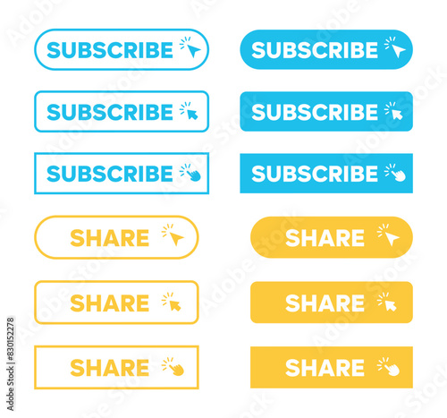 Subscribe and Share Web Buttons simple outline style vector. Hand clicking and pointer icon symbol