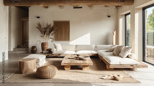 Reclaimed wood furniture and organic fabrics bring a touch of the outdoors into this minimalist living room. The clean lines and natural textures create a calming and contemporary space