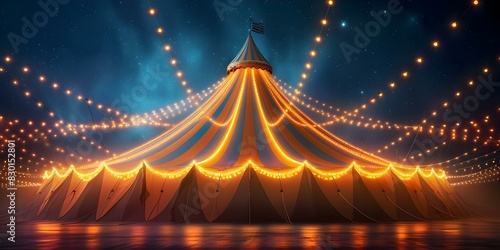 Vibrant circus tent illuminated by colorful lights against night sky. Concept Circus Tent, Night Sky, Colorful Lights, Vibrant Atmosphere