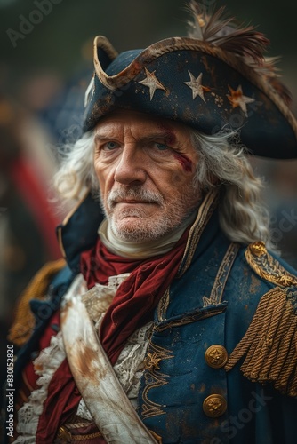 A patriot rebel soldier during the War for American Independence against the backdrop of the U.S. flag