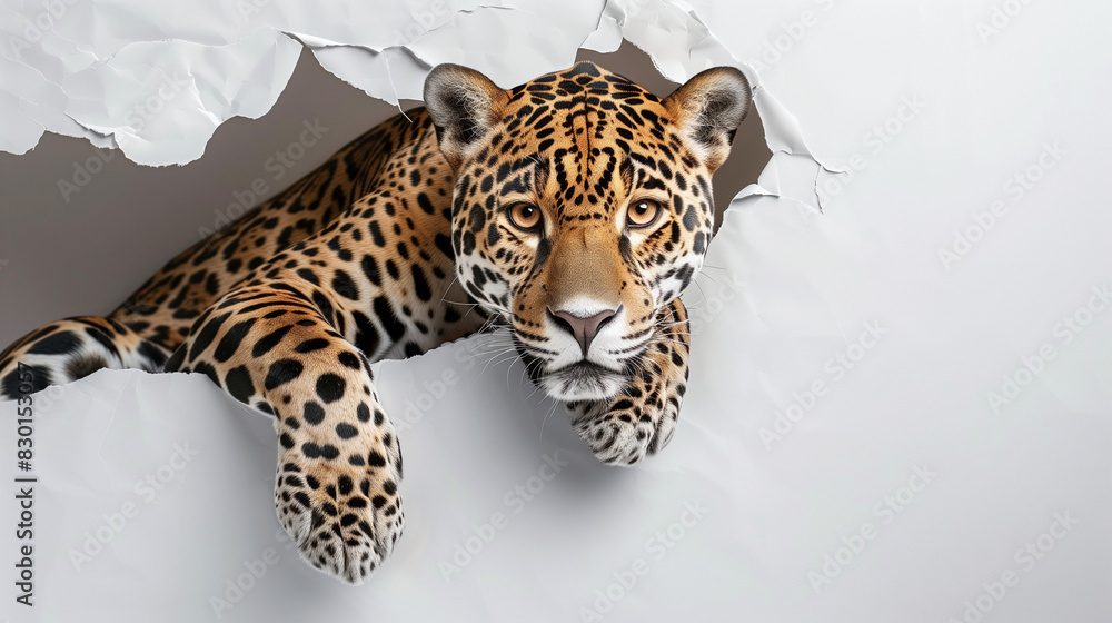 Φωτογραφία A jaguar peeking out at us through white paper 白色の紙からこちらを覗くジャガー [Generative AI]