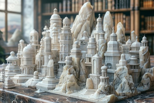 Detailed marble sculpture chess set on a table with a blurred background of bookshelves