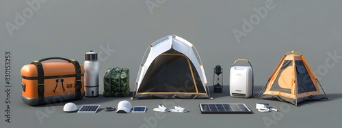 Solar Powered Camping Gear Essentials for Outdoor Adventure and A 3D rendered image showcasing a variety of camping equipment and accessories integrated with solar panels enabling self sufficient photo