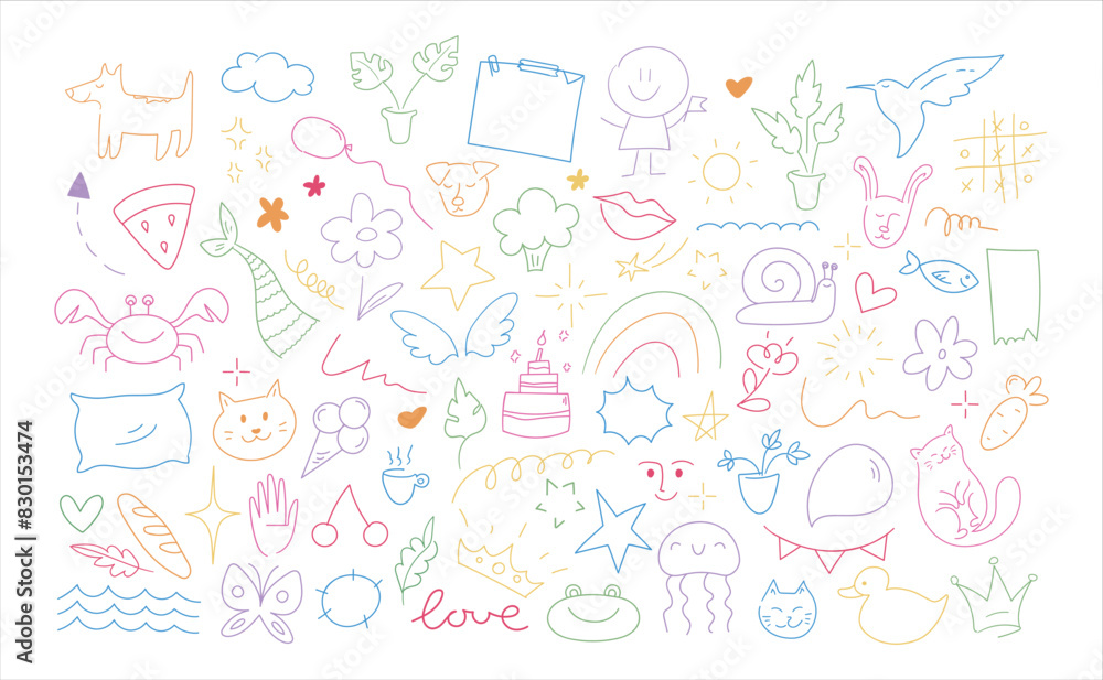 Childish doodle outline elements collection. Hand drawn animals, plants and objects in kids scribble style. Vector illustration