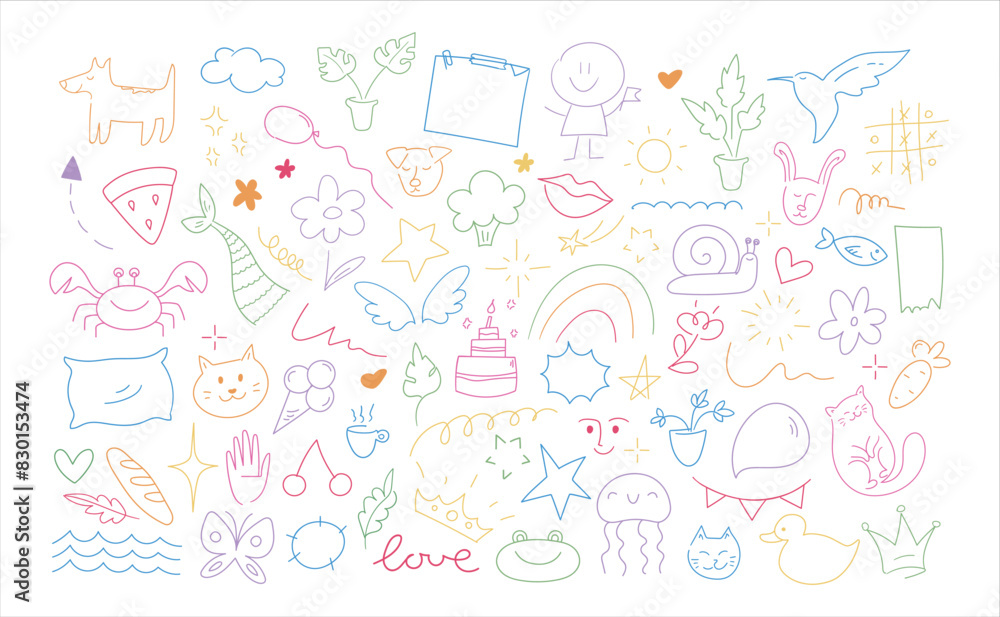 Childish doodle outline elements collection. Hand drawn animals, plants and objects in kids scribble style. Vector illustration Childish doodle outline elements collection. Hand drawn animals, plants and objects in kids scribble style. Vector illustration