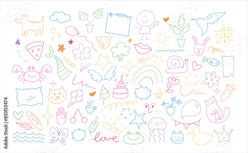 Childish doodle outline elements collection. Hand drawn animals, plants and objects in kids scribble style. Vector illustration