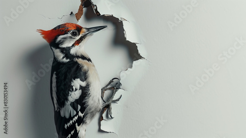 A woodpecker peeking out at us through white paper 白色の紙からこちらを覗くキツツキ [Generative AI]	 photo