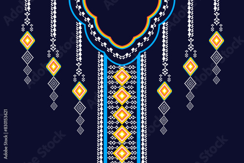 Geometric neckline pattern, pixel art, ethnic, traditional style, decorated with repeated shape, for decoration, background, textile, fabric, clothing, ornament.
