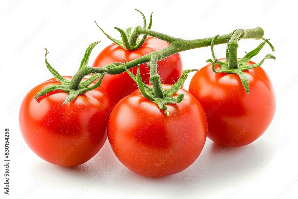 four ripe tomatoes on a branch with droplets of water, on a white background, isolate four ripe tomatoes on a branch with droplets of water, on a white background, isolate