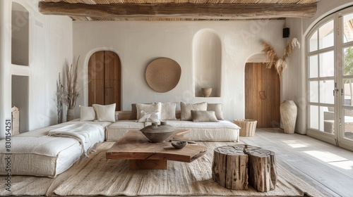 Minimalist living room celebrates the beauty of raw materials. Reclaimed wood furniture and organic fabrics combine for a functional and stylish space that prioritizes sustainability