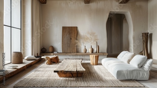 Minimalist living room celebrates the beauty of raw materials. Reclaimed wood furniture and organic fabrics combine for a functional and stylish space that prioritizes sustainability