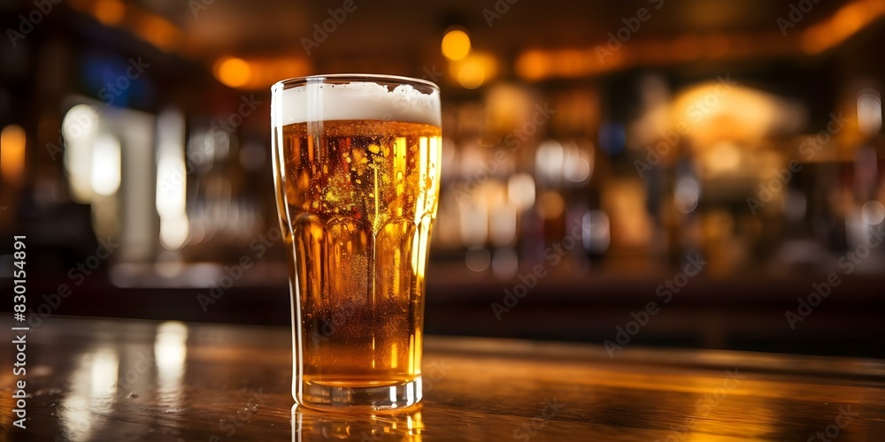 Cold Beer in Glass: Close-Up in Dimly Lit Pub Setting. Concept Beer Photography, Close-Up Shots, Dimly Lit Ambiance, Beverage Advertisement, Pub Setting