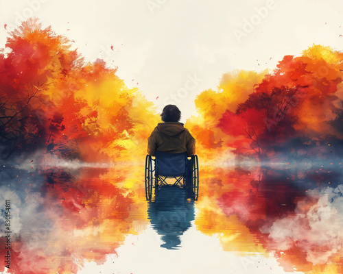 watercolor illustration of a lonely disabled person in a wheelchair watching a melacholic fall autumn scene of a wet surface and a colorful forest photo