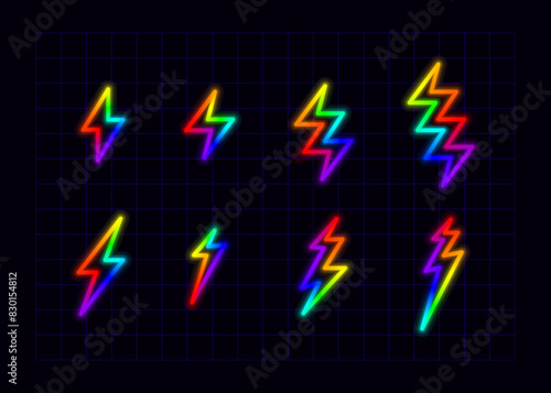 Thunder bolt icon set, neon rainbow visuals, gradient mesh graphics, glowing colorful aesthetic.
