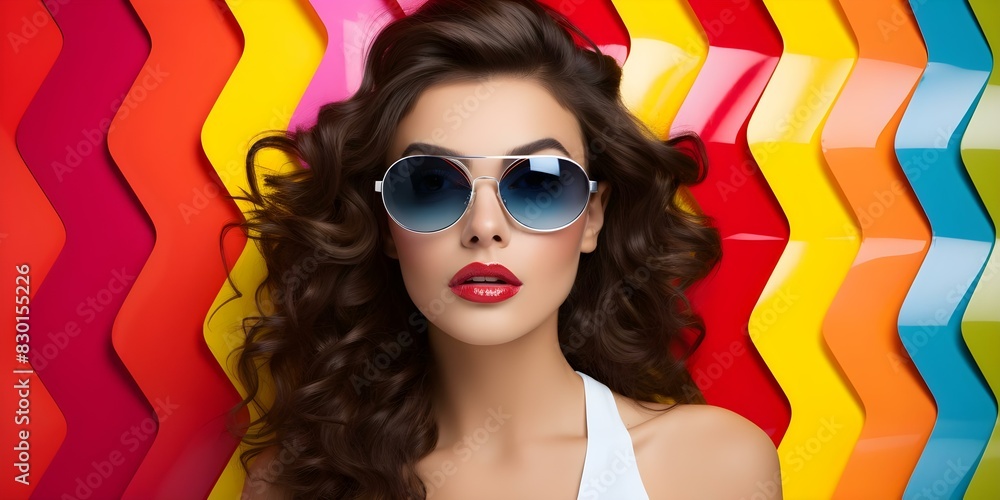 Obraz premium Brunette woman in white sunglasses posing against a vibrant backdrop. Concept Outdoor Photoshoot, Colorful Props, Joyful Portraits, Playful Poses
