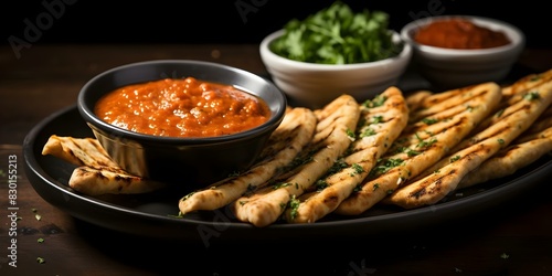 Delicious Garlic Breadsticks with Marinara Sauce: A Crowd-Pleasing Choice for Any Occasion. Concept Garlic Bread Recipes, Savory Appetizers, Homemade Marinara Sauce, Easy Entertaining