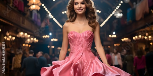 Model in pink prom dress struts on stage at fashion show. Concept Fashion show, Model, Pink prom dress, Strutting on stage, Runway pose © Anastasiia