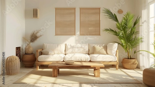 Minimalist living room celebrates the beauty of raw materials. Reclaimed wood furniture and organic fabrics combine for a functional and stylish space that prioritizes sustainability