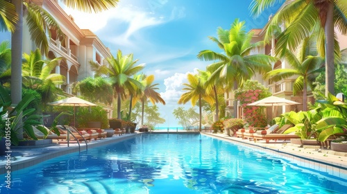 Luxury tropical resort hotel with view to the swimming pool  bright summer colors