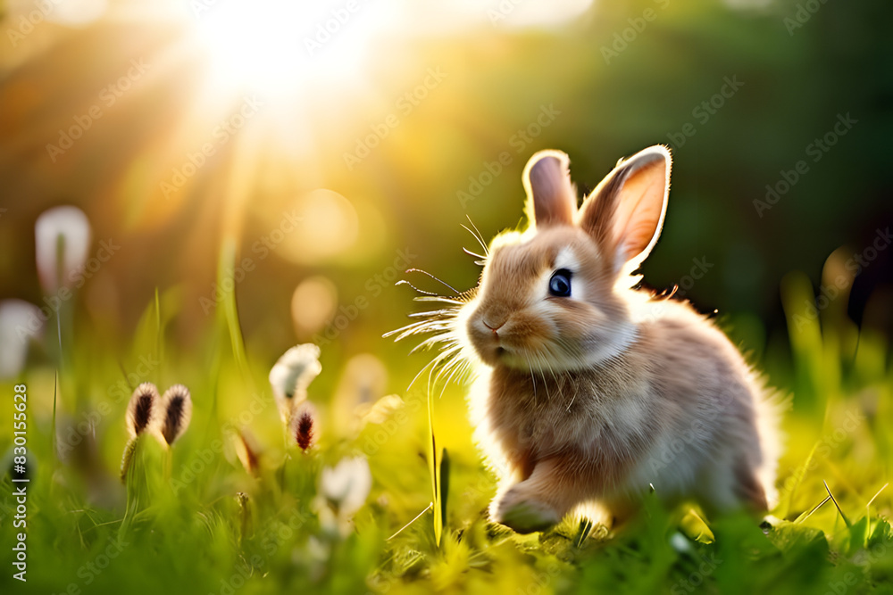 Easter bunny on grass. A close-up photo of a brown rabbit lying relaxed on its side. The rabbit has soft fur and dark eyes. Easter bunny on grass. A close-up photo of a brown rabbit lying relaxed on its side. The rabbit has soft fur and dark eyes.