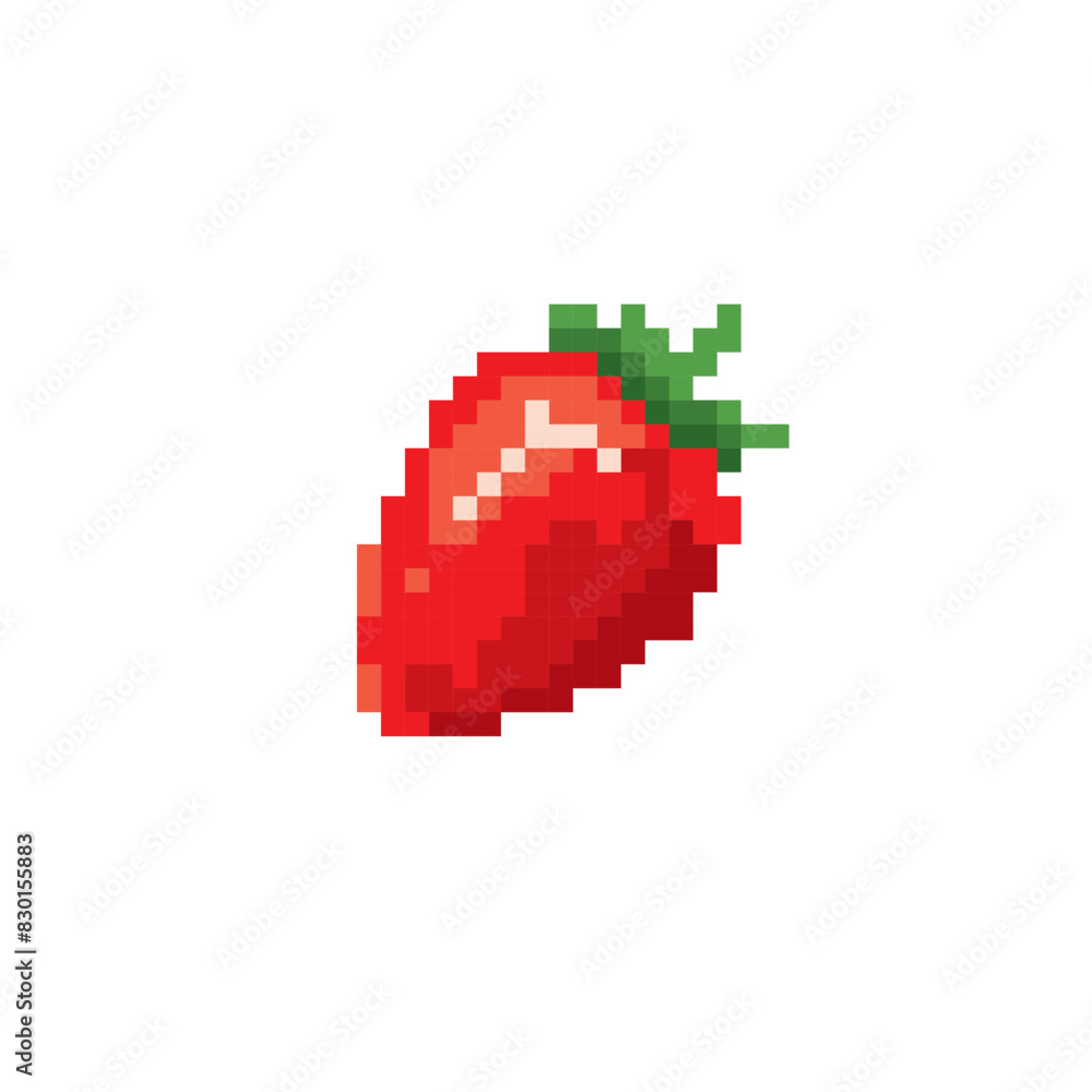 Strawberry cute pixel art icon. Funny berry isolated vector illustration. 8-bit. Design stickers, logo, app, embroidery.