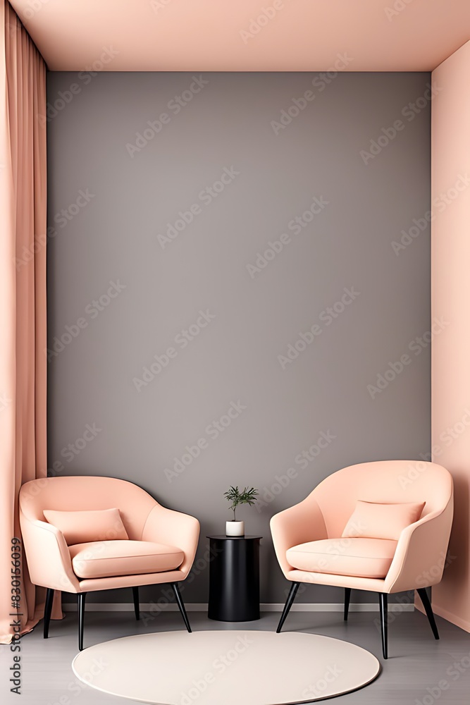 Fototapeta premium Peach fuzz trend color for 2024 in the premium living room with a painted mockup wall for art in peach pastel apricot warm tones, modern interior lounge design, accent premium gray chairs, 3D render