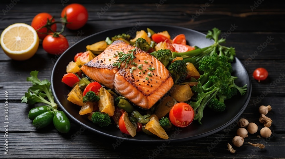 Fried salmon steak with vegetables On a black wooden background. Top view. Free space for your text. Fried salmon steak with vegetables On a black wooden background. Top view. Free space for your text.