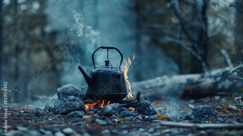 kettle on fire at night in the forest 