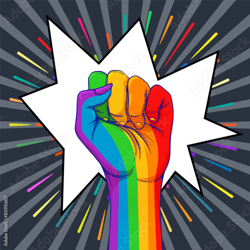 Rainbow colored hand with a fist raised up. Gay Pride. LGBT concept. Realistic style vector colorful illustration. Sticker, patch, t-shirt print, logo design.