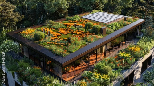 Modern green roof adorned with vibrant plants, complemented by strategically positioned solar panels for energy efficiency, creating a beautiful contrast. © Johannes