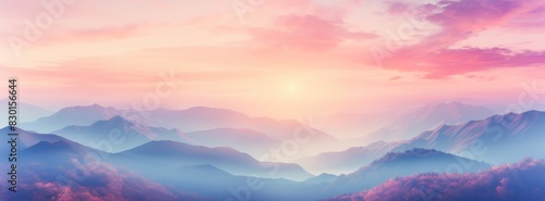 Mountains landscape banner. Serene mountain vista bathed in soft dawn or dusk light, with rising mist and sky painted in pink and lavender, evoking calm of nature's beauty. Banner size