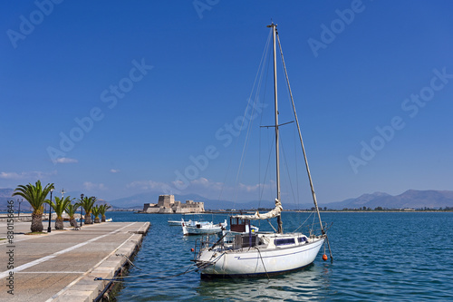 Bourtzi fortress and port with boats in Nafplio, Peloponnese, Greece © goce risteski