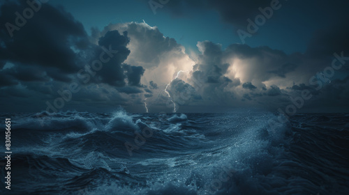 A photographic style of a sky and sea environment, stormy sky with dark, dramatic clouds and lightning bolts over a rough sea. Waves crashing with high intensity, foam visible. The scene is filled