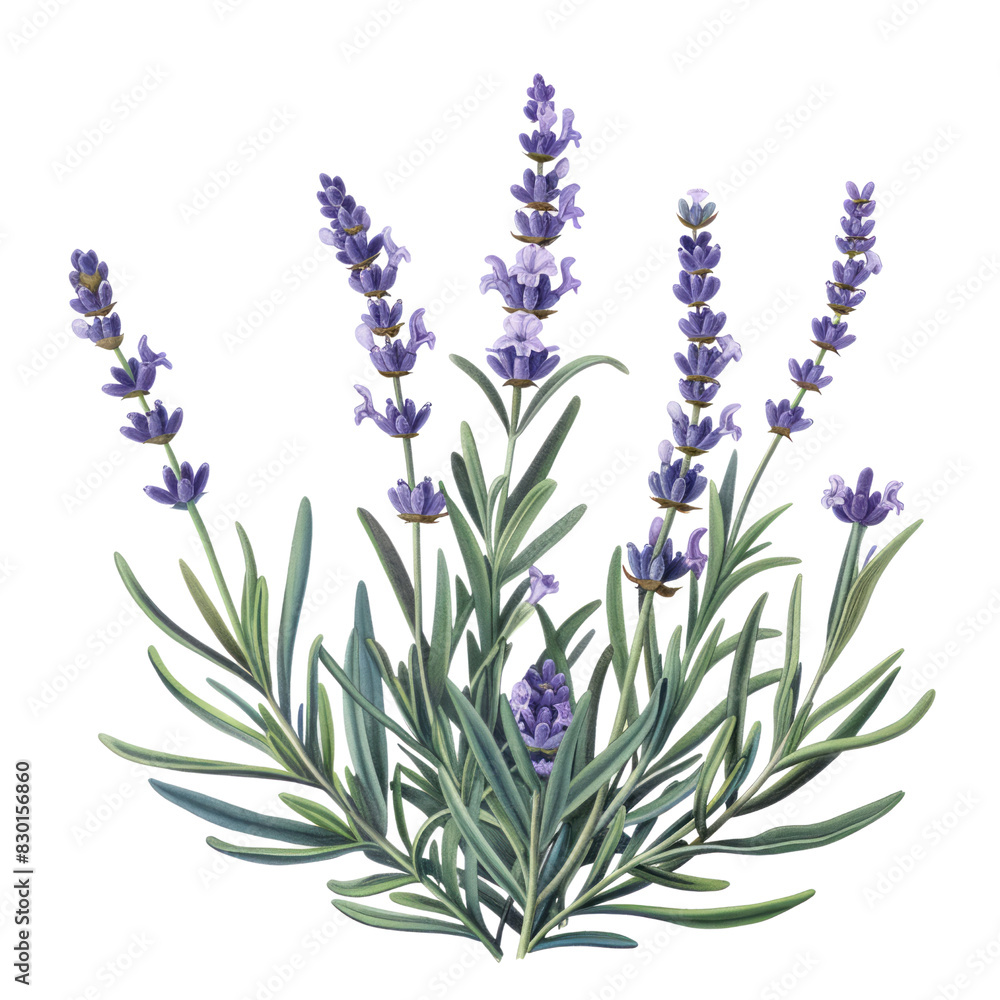 Fototapeta premium A bunch of isolated lavender flowers with vibrant purple blooms [fleur (French for flower)] against a white background