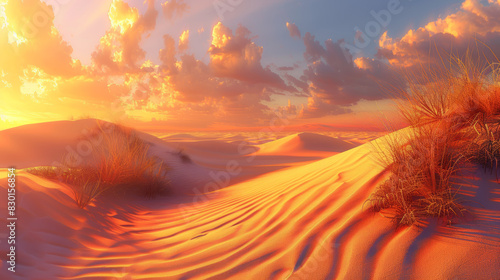 A photographic style of a desert environment, golden sand dunes at sunset, with the sky painted in shades of orange and pink. Long shadows cast by the dunes creating intricate patterns. A few hardy photo