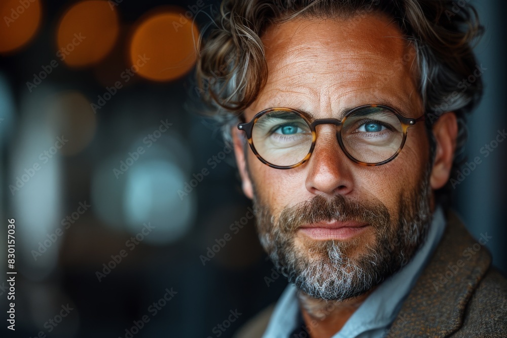 Handsome, contemplative man with a pensive look wearing stylish glasses and a suit jacket Handsome, contemplative man with a pensive look wearing stylish glasses and a suit jacket