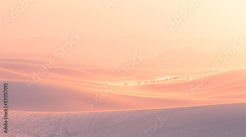 A photographic style of a desert environment, early morning light creating soft pastel hues over a landscape of rolling sand dunes. Gentle ripples in the sand highlighted by the low sun. A caravan of photo