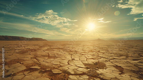 A photographic style of a desert environment, midday sun beating down on an arid landscape, with cracked earth and scattered rocks. The heat creates visible mirages on the horizon. Harsh shadows and