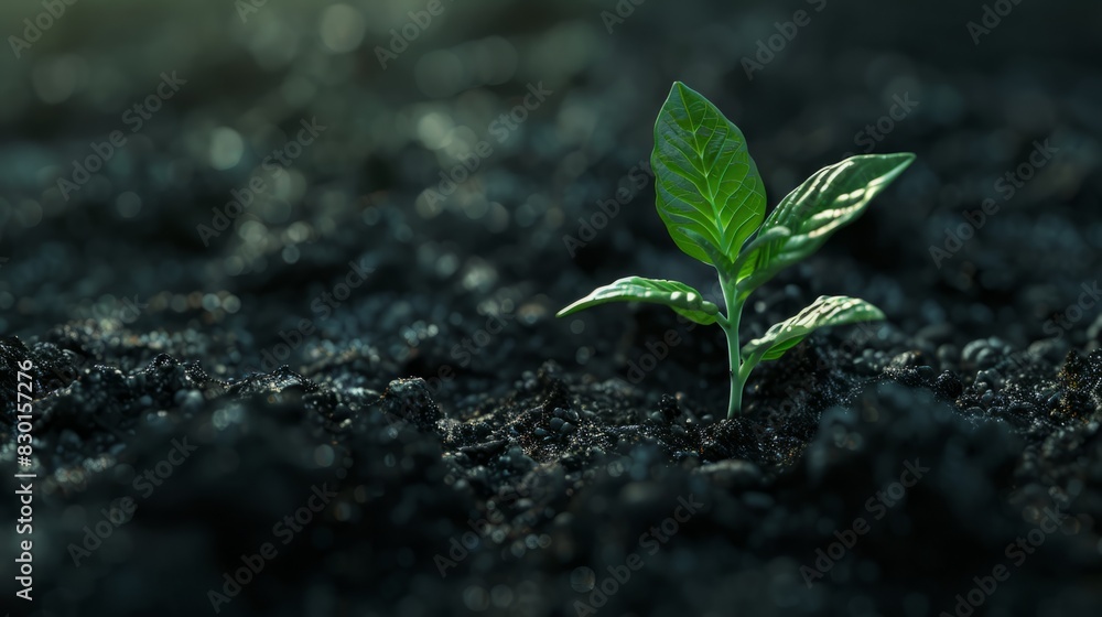 Naklejka premium New seedling growing in dark soil with space for text earth day or nature background Copy space image Place for adding text or design